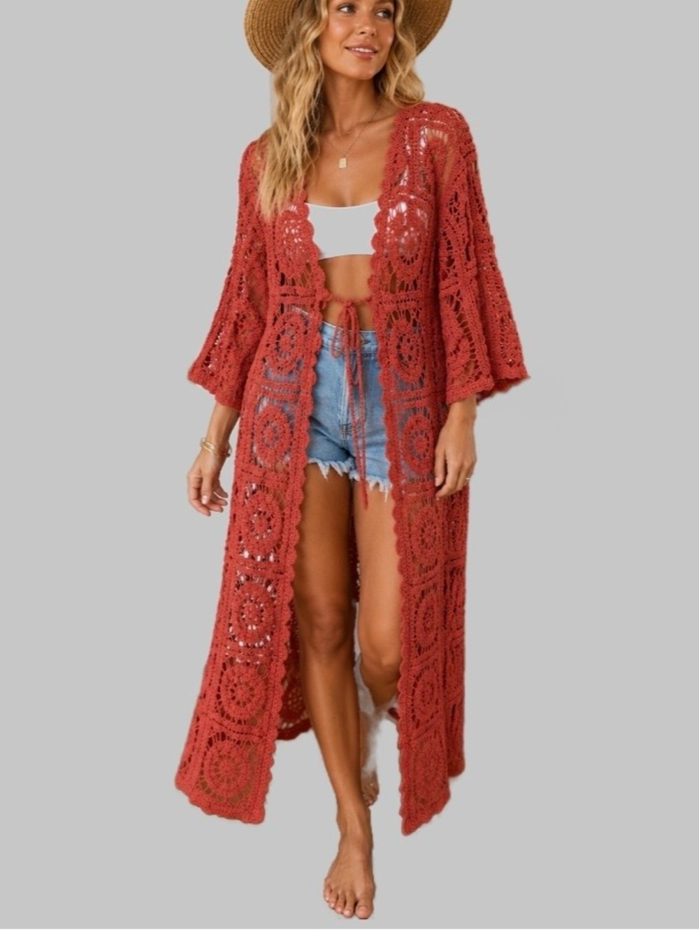 Dark Coral Rust Crochet Long Open Front Long Cardigan Duster